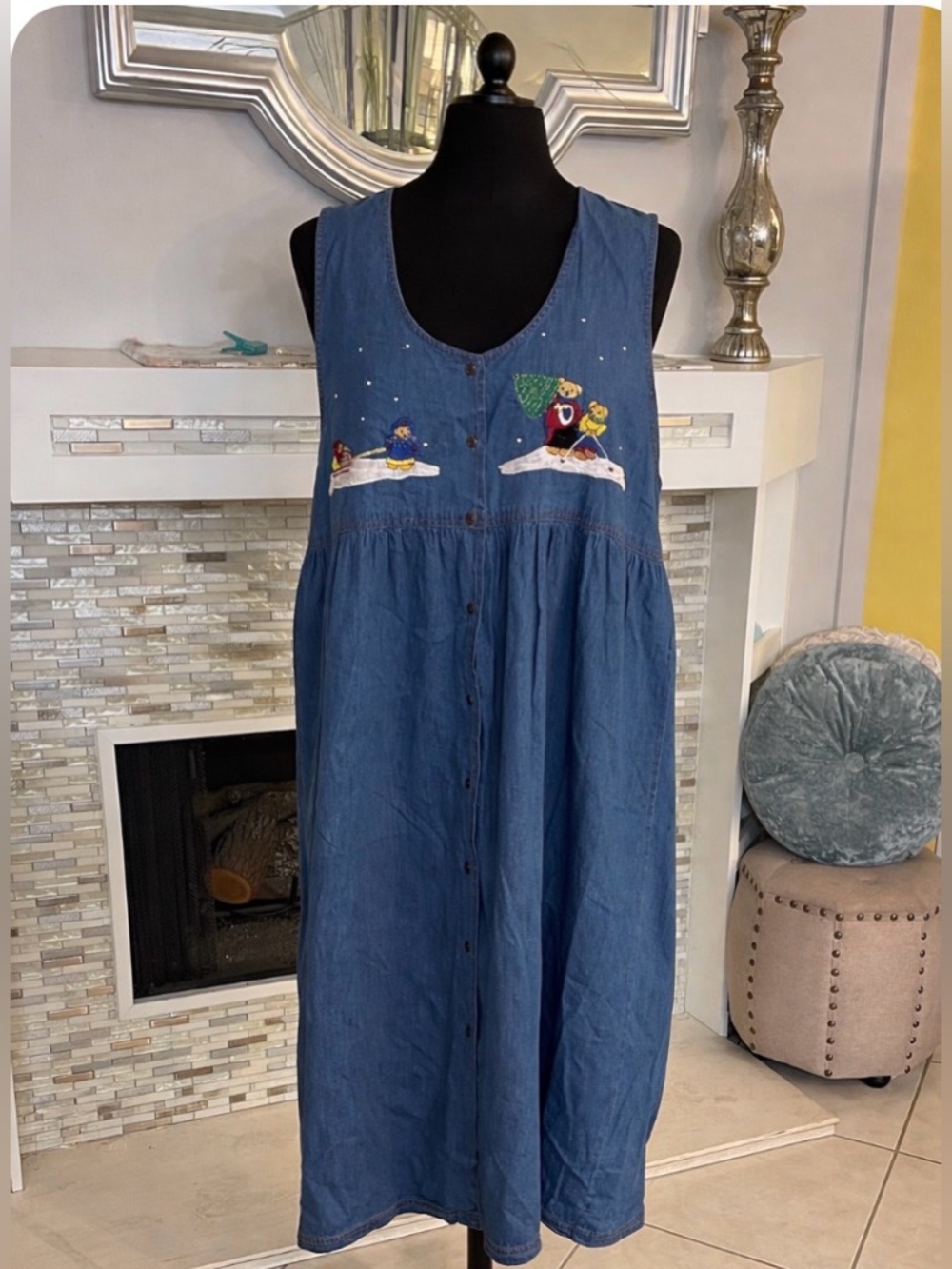 Vintage Talk America xmas bears Denim scoop button down Embroidery dress size 22